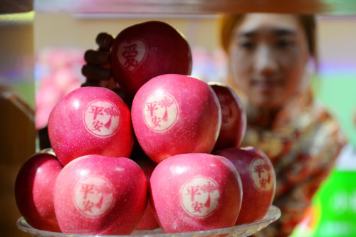 10月12日，一名女孩在静宁县苹果节上欣赏带图案的“艺术”苹果。